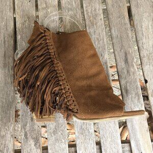 COCONUTS by Matisse Brown Faux Suede Peep Toe Fringe Booties 8